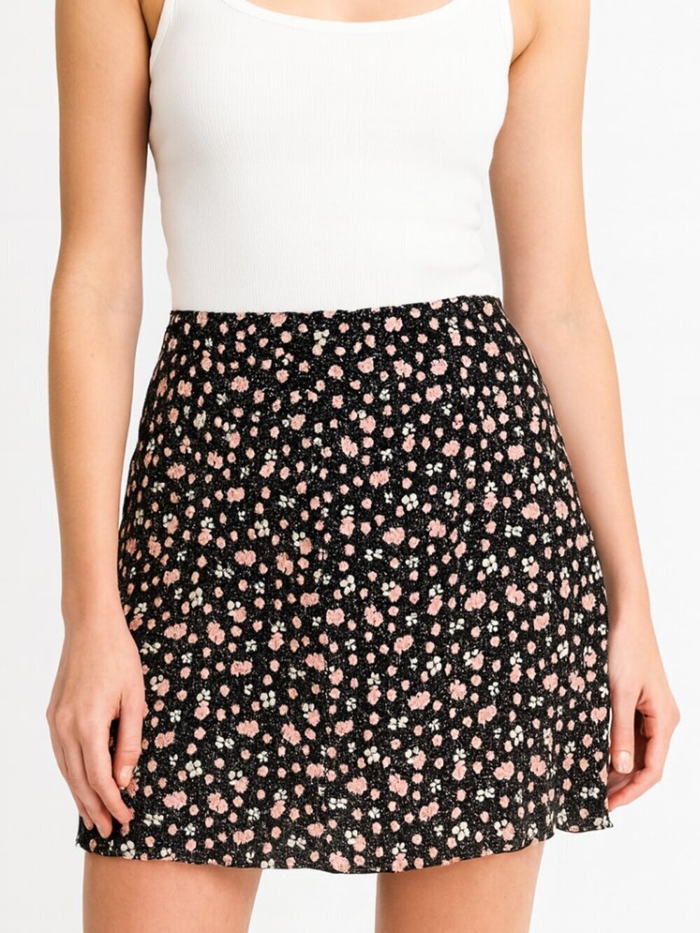 Free People Black Pink Floral Mini Skirt Size 0 100% Viscose Lightweight (NWT)